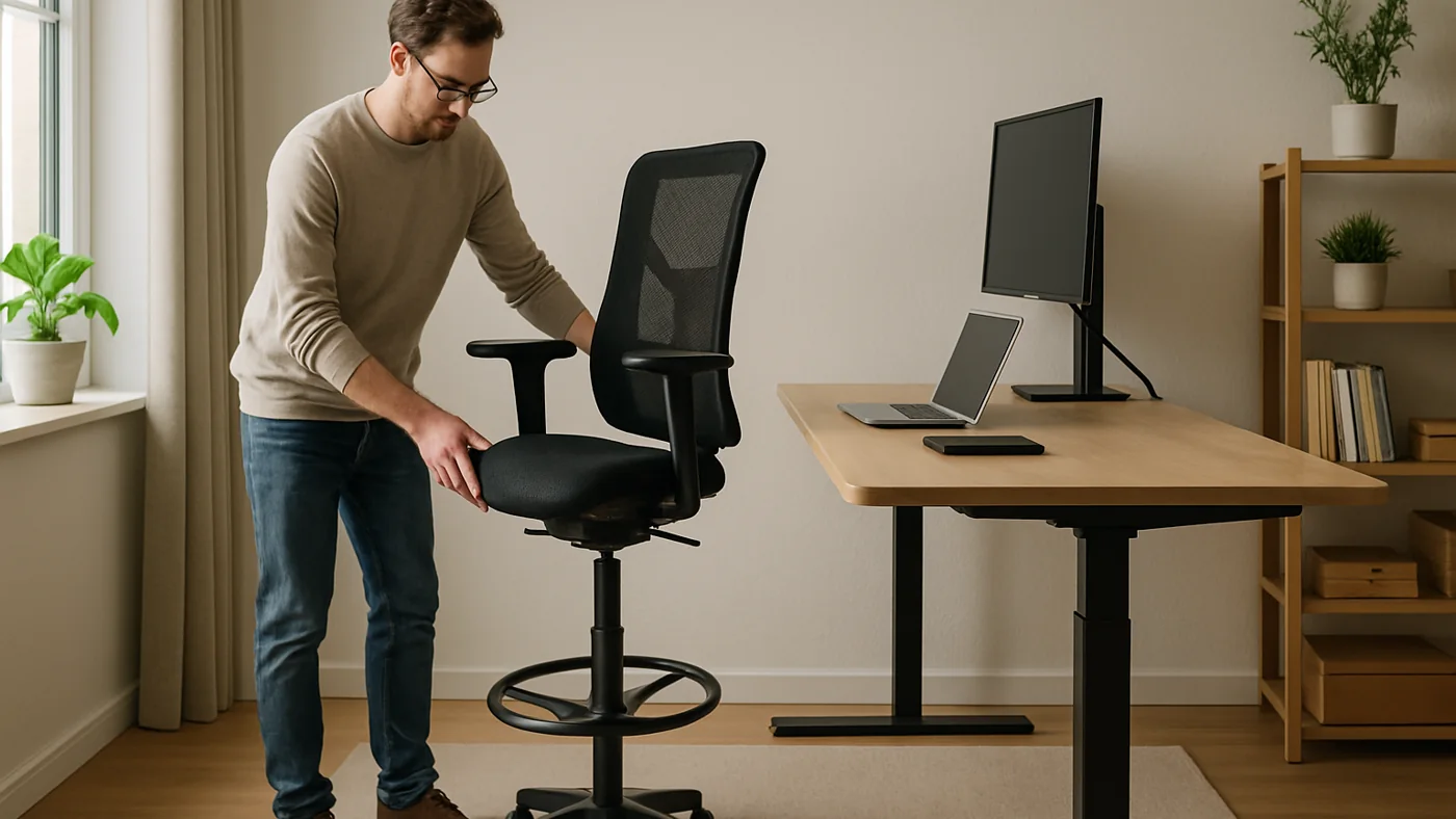 Person adjusting a tall ergonomic chair beside a standing desk